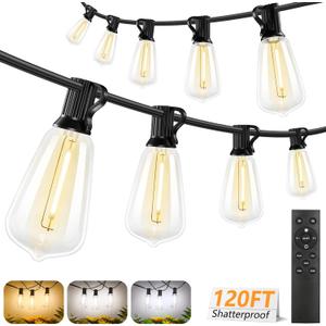 Brightever 3 Color in 1 LED Outdoor String Lights with Remote, 120FT Patio Lights Outdoor Waterproof with 38 Vintage Edison Bulbs, 3 Modes 2 Timer Dimmable String Light for Outside, 2700K/4000K/5000K (Black)