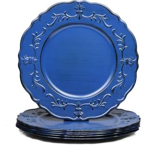 Spsyrine Antique Royal Blue Charger Plate, 13" Embossed Plastic Table Plate Chargers for Dinner, Set of 6 Elegant Decorations for Wedding, Dining, Party Events.