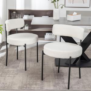 White Boucle Dining Chairs Set of 2, Upholstered Dining Room Chairs with Black Metal Legs, Round Modern Dining Chair for Dining Room, Kitchen