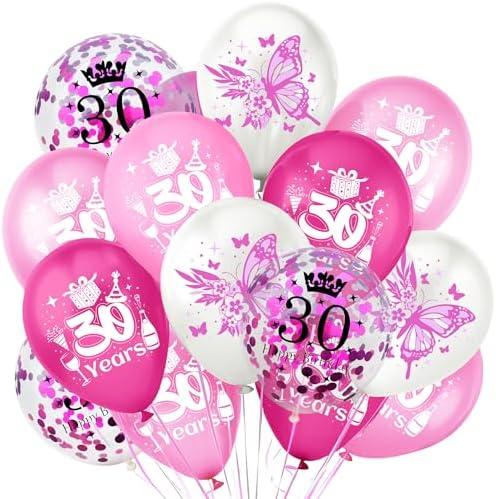 18Pcs 30th Birthday Decorations Balloon Kit - Pink & Rose Red Theme Balloons, Includes Number 30 Balloons, Butterfly Confetti Ballons for Girls, Women 30th Birthday Party or Anniversary Decor