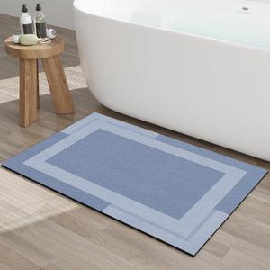 YDKGL Non Slip Bath Mat, Rubber Backing Ultra Thin Bathroom Rugs Fit Under Door Quick Dry Super Absorbent Washable Bath Rug Shower Mat for Bathroom Floor Bathtub Shower Sink, Easy Care Blue 20"x 32"