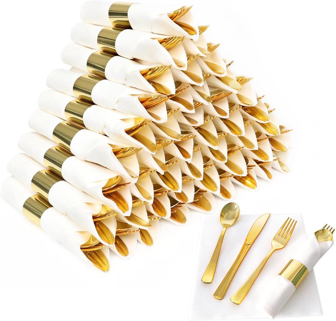 50 Pack Pre Rolled Gold Plastic Silverware Set,Wrapped Plastic Cutlery Set with Napkin Include 50 Forks,50 Spoons,50 Knives and 50 White Napkins for Party, Wedding,Christmas
