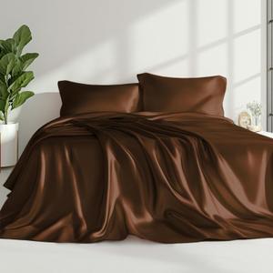 Love's cabin Satin Queen Sheets Set - 4 Piece Brown Silky Bed Sheets with Deep Pocket, Luxury Silk Feel Satin Queen Size Sheet Set (1 Flat Sheet, 1 Fitted Sheet, 2 Pillow Cases)