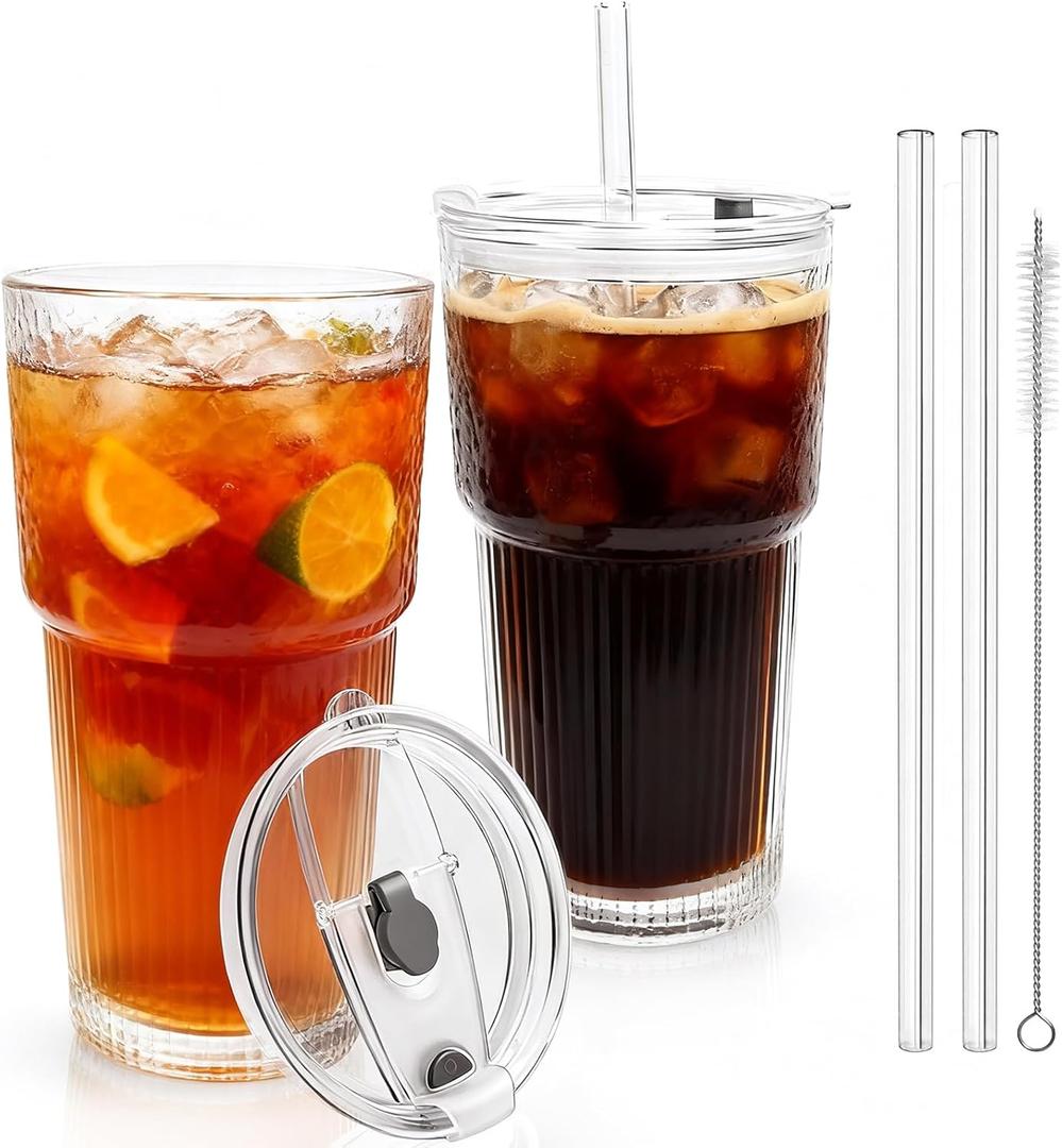 2 Pack Glass Tumblers with Lids and Straws, 20oz Iced Coffee Cups with Lids Reusable for Juices, Smoothies, Cocktail, Beer, Tea and Latte - Ribbed Design & Thick Glass