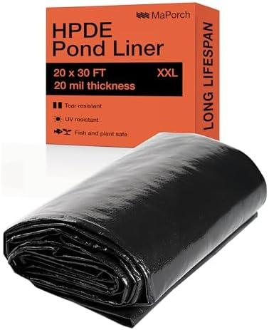 MaPorch 20 x 30 FT Black Waterproof Pond Liner, HDPE Black - Reinforced Polyethylene 20 Mil for Fish Koi Pond, Fountain, Waterfall, Tank, UV Resistant RPE Pool, and Outdoor Use