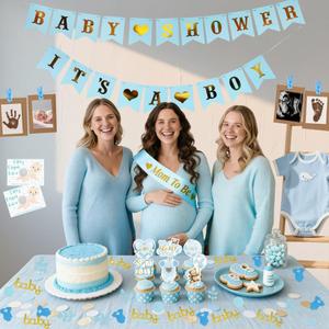 Boy Baby Shower Decorations Gender Reveal Party Supplies SetBlue Welcome Baby BannerBodysuit Scatter DecorationsCake ToppersMom to Be SashBaby Shower Scratch Off Poop GamePaper Photo Frames