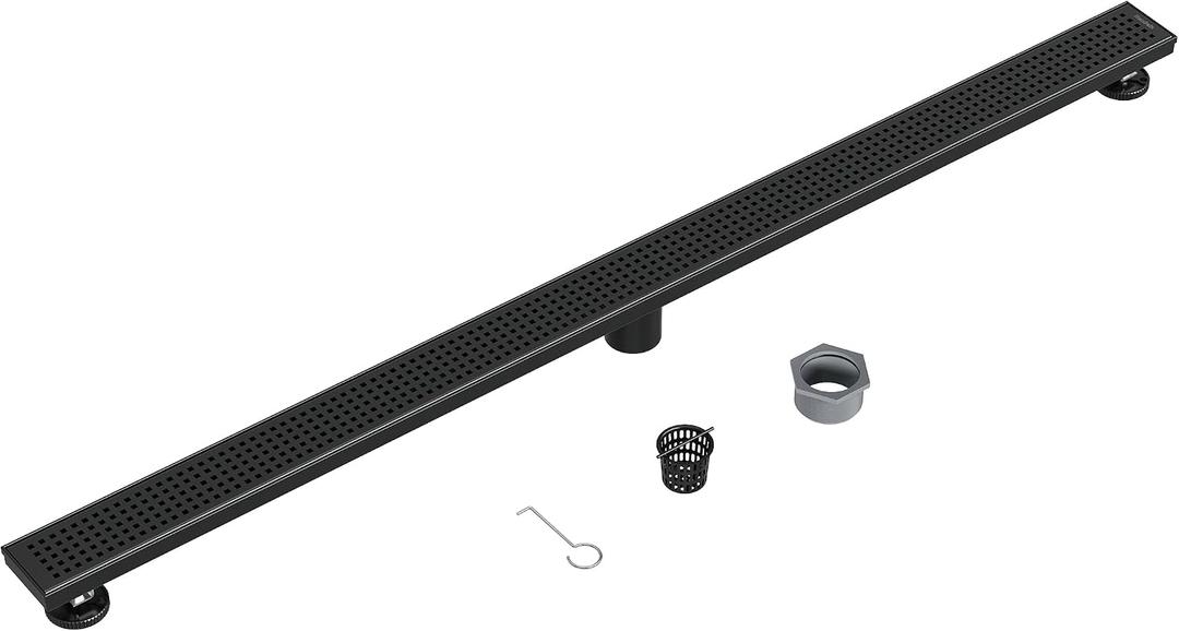 Neodrain 48-Inch Black Linear Shower Drain with Removable Quadrato Pattern Grate, Heavy-Duty 304 Stainless Steel Rectangle Shower Floor Drain, linear drain with Leveling Feet,Hair Strainer,Matte Black