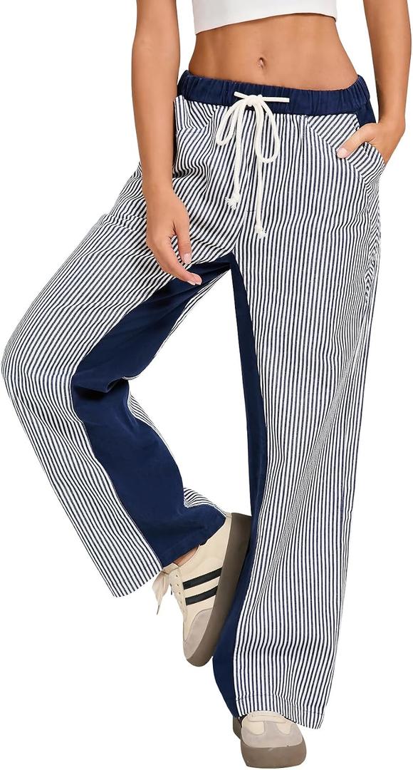 Kedera Women Stripe Straight Pants Pull On Drawstring Loose Baggy Pants Low Rise Boyfriend Boho Trousers 2025, Navy Blue Stripes, 14