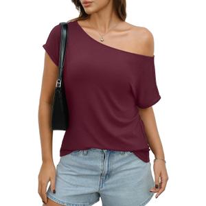 EasyGala Womens Off Shoulder Tops Sexy Short Sleeve Shirts Rolled Sleeve Loose T Shirts Summer Going Out Clothes 2026, L