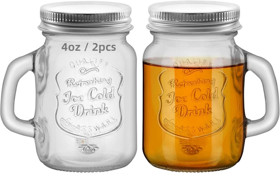 2 Pcs 4 oz Mini Mason Jar Mugs Mason Jar Mugs with Handles and Lids Small Drinking Glass and DIY Favor Decor Wedding Bridal Shower Party Supplies for Drinks, Gifts, Candles and Crafts