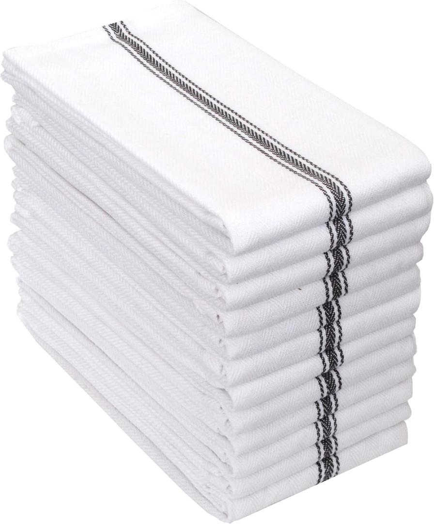 AMOUR INFINI Cotton Kitchen Towels Set of 12 - Highly Absorbent, Super Soft Tea Towel with Hanging Loops - Extra Large Quick Dry Commercial Restaurant Towel (16x28 Inch - Charcoal) (12 Pk Herringbone Stripe)