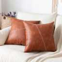 Faux Leather Modern Decorative Throw Pillow Covers Brown, Set of 2 18X18 Inch Boho Farmhouse Waterproof Splicing Square Pillow Cover, for Outdoor Room Couch Living Bedroom Home Decor (Cognac)