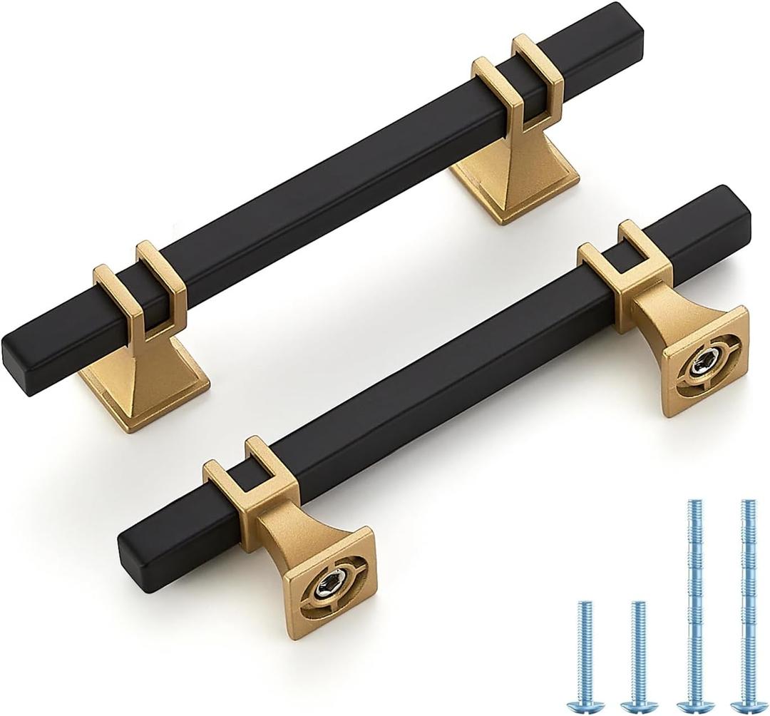 10 Pack 3-3/4 inch Black & Gold Cabinet Handles Square Zinc-Alloy Pulls for Kitchen Dresser Closet and Bathroom Cabinets Hardware