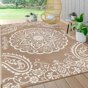 Pauwer Waterproof Outdoor Rug 5x8, Reversible Plastic Straw Patio Camping Rug, Indoor Outdoor RV Mat Carpet for Deck, Camper, Porch, Balcony, Backyard, Picnic, Boho Brown