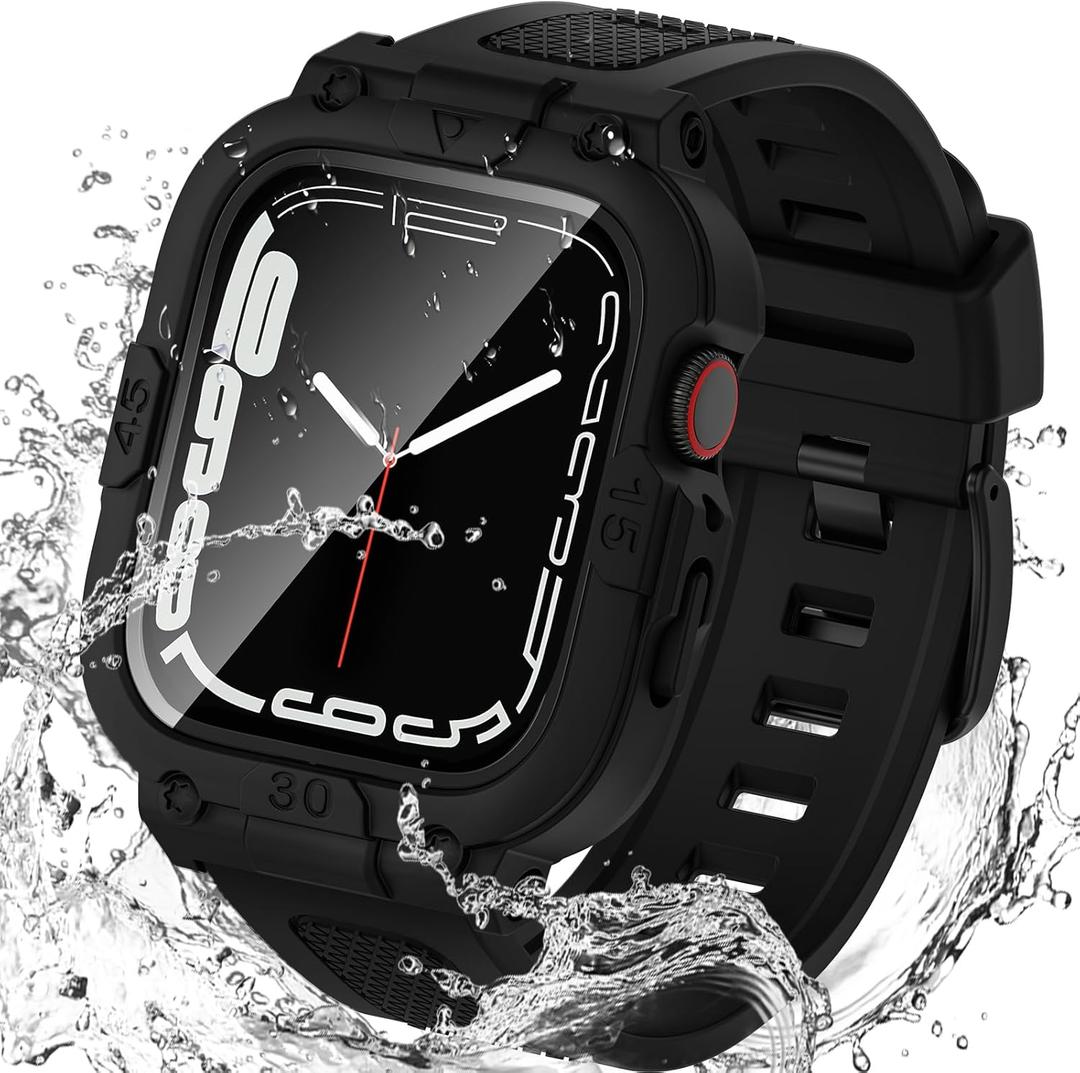 Goton 3 in 1 Waterproof Case with Band for Apple Watch with Built-in Tempered Glass Screen Protector 44mm, 360 Shockproof Bumper Face Cover with Band for Apple Watch SE 3/SE 2/SE, Series 6/5/4, 44mm (Matte Black)