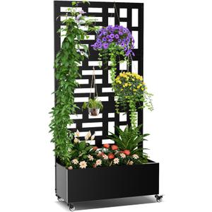 Metal Planter Box with Trellis, 71"x 35"x 16" Raised Garden Bed with Trellis & Wheels, Privacy Planters for Patio, Planter Box with Drainage Holes for Climbing Plants, Flower, Vegetable