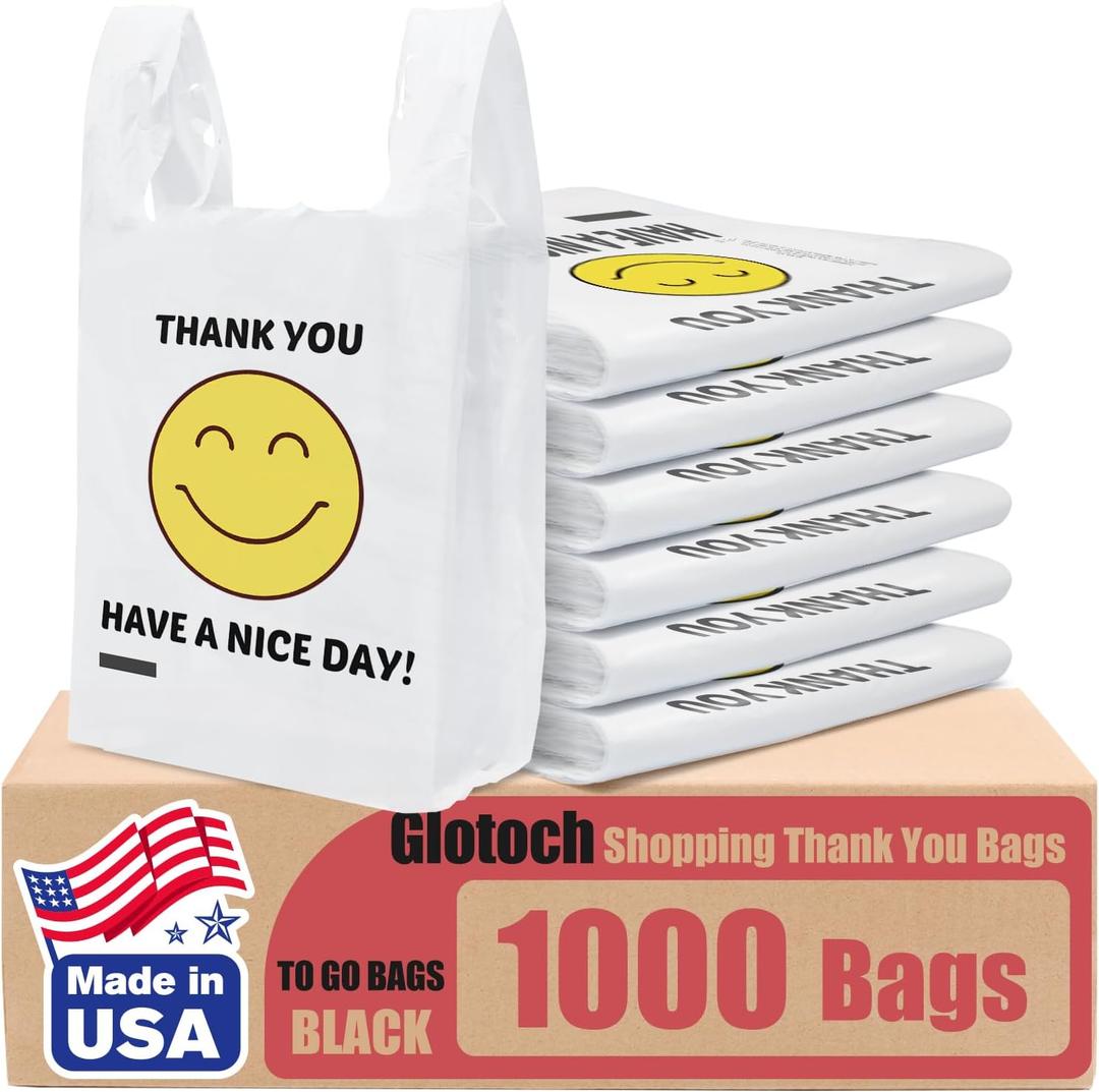 Glotoch 1000 Count Plastic Thank You T-shirt Bags Smile Face, 11.5 x 6.5x 21" HAVE A NICE DAY Grocery Shopping Gift Bag with Handle for Restaurant, Retail, Takeout, Convenience Store, in Bulk Business