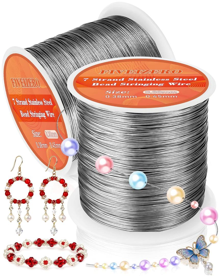 FIVEIZERO 656FT 0.3mm Stainless Steel Beading Stringing Wire, 1 Roll 7 Strand Jewelry Wire for Jewelry Making Supplies, Threading Necklace Bracelet Crafts (Silver)