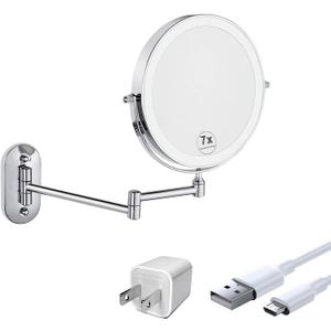 GURUN Rechargeable Makeup Mirror Wall Mounted with 3 Colors Mode LED Lights 7X Magnification,4000mAh Rechargeable Battery,8 Inch Touch Screen Vanity Mirror for Bathroom,Chrome Finish