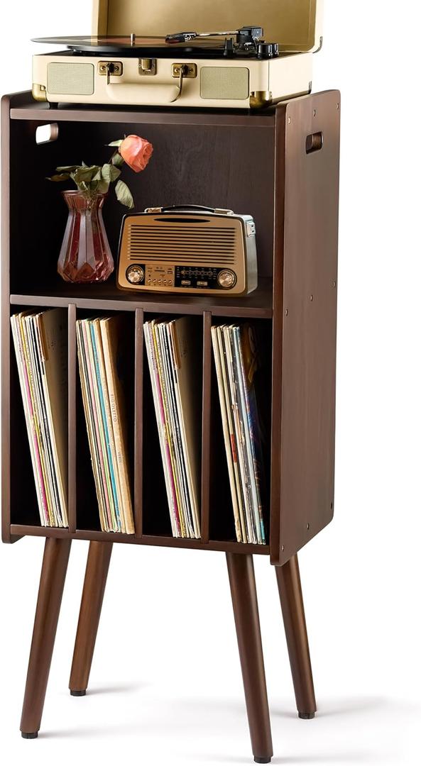 Wooden LP Record Player Stand, 3-Tier Turntable Stand Cabinet Holds up to 100 Albums, Record Storage Holder and Organizer Table, Mid-Century Modern Record Player Holder (Rich Walnut, 3-Tier)