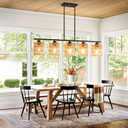 Boho Kitchen Island Light Fixture,39.4" Linear Chandelier for Dining Room,5-Light Rustic Pendant Lights Over Table,Handmade Woven Light Fixture,Farmhouse Wicker Chandeliers for Kitchen Islands
