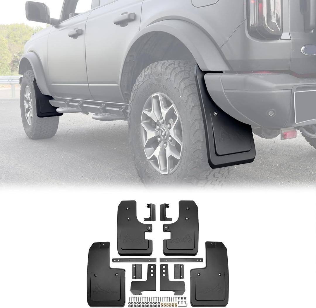 Mud Flaps for 2021-2025 2026 Ford Bronco 2/4-Door, No Drill Splash Guards Front & Rear Truck Mud Guards with Hardware Accessories Mudflaps Set 4pcs (NOT for Sport)