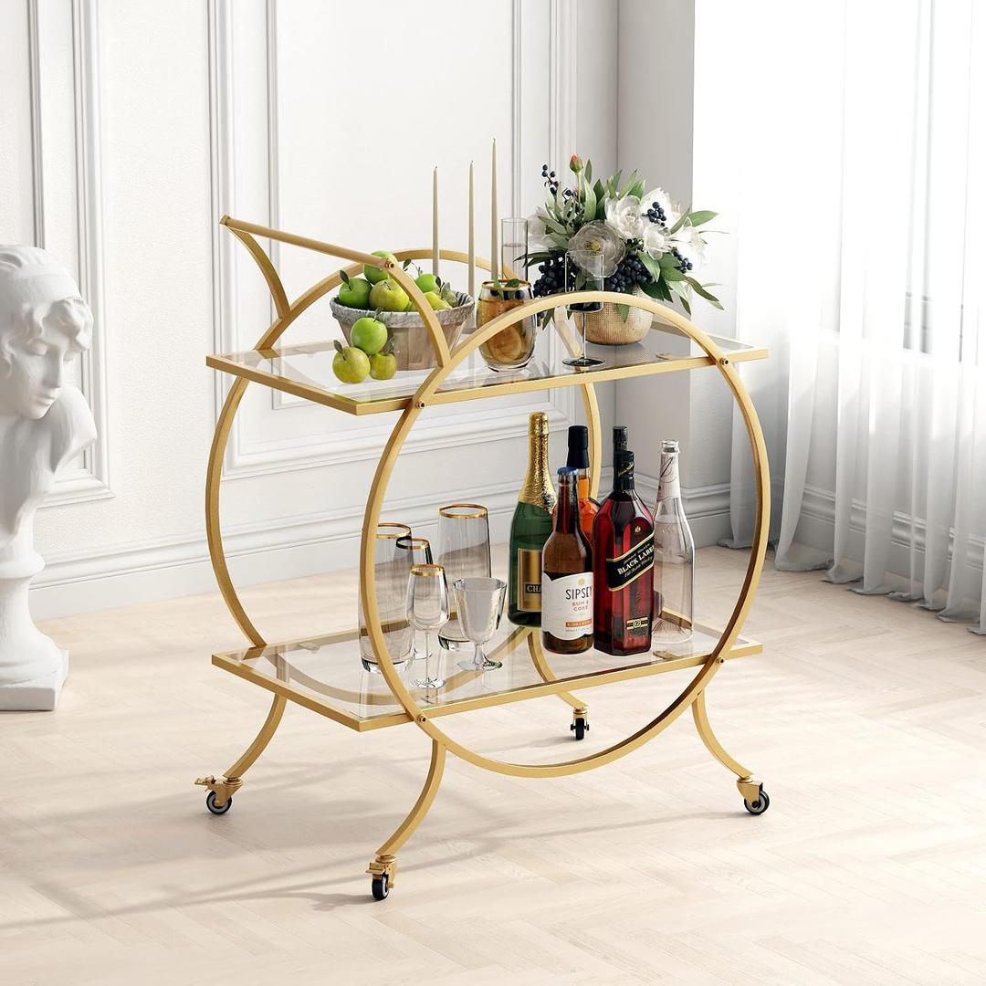 LORMITER Gold Bar Carts for The Home Bar Serving Cart, Rolling Bar Cart Gold with Lockable Caster Wheels, Glass Bar Carts with 2 Mirrored Shelves, Storage Round Wine Carts for Kitchen, Party