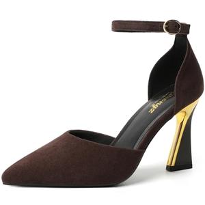 RIBONGZ Women's Chocolate Brown Suede Closed Pointed Toe Heels Ankle Strap High Kitten Pumps Elegant Strappy Stiletto Dress Shoes for Party Evening Casual Working 10.5