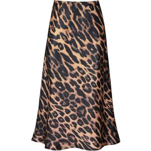 Women's Satin High Waist Hidden Elasticized Waistband Flared Casual A Line Midi Skirt (Cheetah Print, Small) (Brown, S)