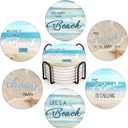 Britimes Coaster for Drinks Set of 6, Beach Shell Antique Teal Blue Table Absorbent Round Ceramic Stone Mat, with Cork Base and Metal Holder, Gift for Housewarming Room Bar Decor