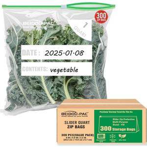 Slider Quart Food Storage Freezer Bags with Stand-Up Bottom, 300 Count | 2 Mil | 8 IN x 5.9 IN x 2.3 IN, Freshness Easy Open Reclosable Clear Plastic Bags(Slider-quart-300count)