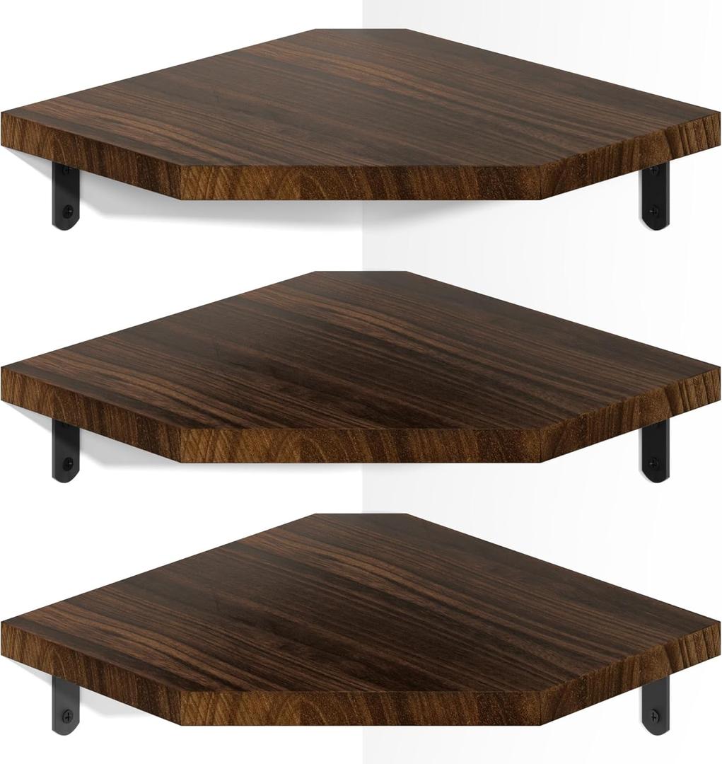 Alsonerbay Corner Shelf Wall Mount, Set of 3 Floating Corner Shelves with Cord Hole, Rustic Wood Shelves for TV, Speaker, Cable Box, Game Console for Bedroom, Kitchen, Living Room Carbonized Black