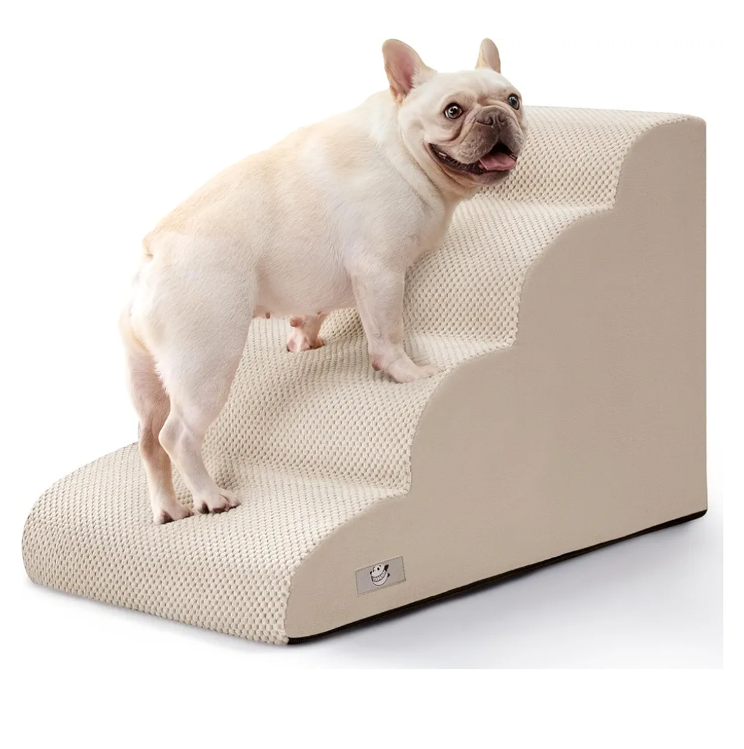 Dog Steps for Bed, 4 Step Pet Stairs for Small and Medium Dogs, Non-Slip Dog Ramp with Washable Cover, High-Density Support Foam for Easy Climbing,Beige