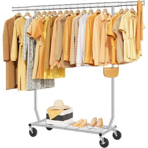Clothes Rack with Shelf Load 350 LBS, Plating Chrome | Heavy Duty Collapsible Clothing Rack for Hanging Clothes, Extendable & Adjustable, Garment Rack with Wheels for Bedroom