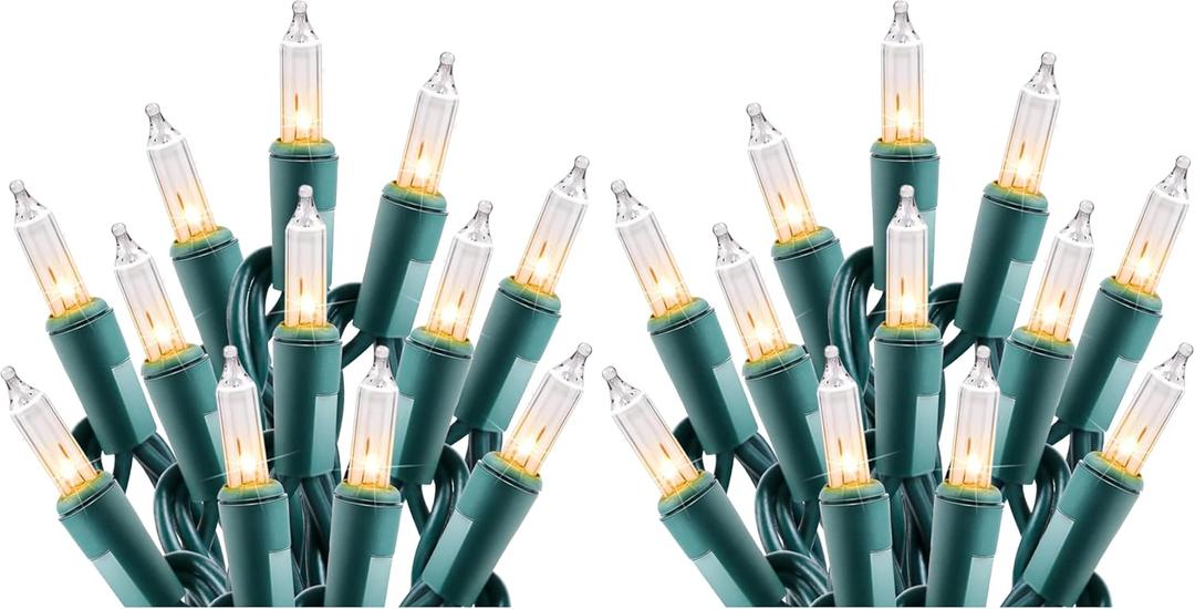 Minetom Clear Christmas String Lights 100 Count 25 Feet Incandescent Bulb Mini Lights for Indoor Xmas Tree Garland Birthday Wedding Party Festival Decoration, Green Wire (Pack of 2) (Clear Warm White)