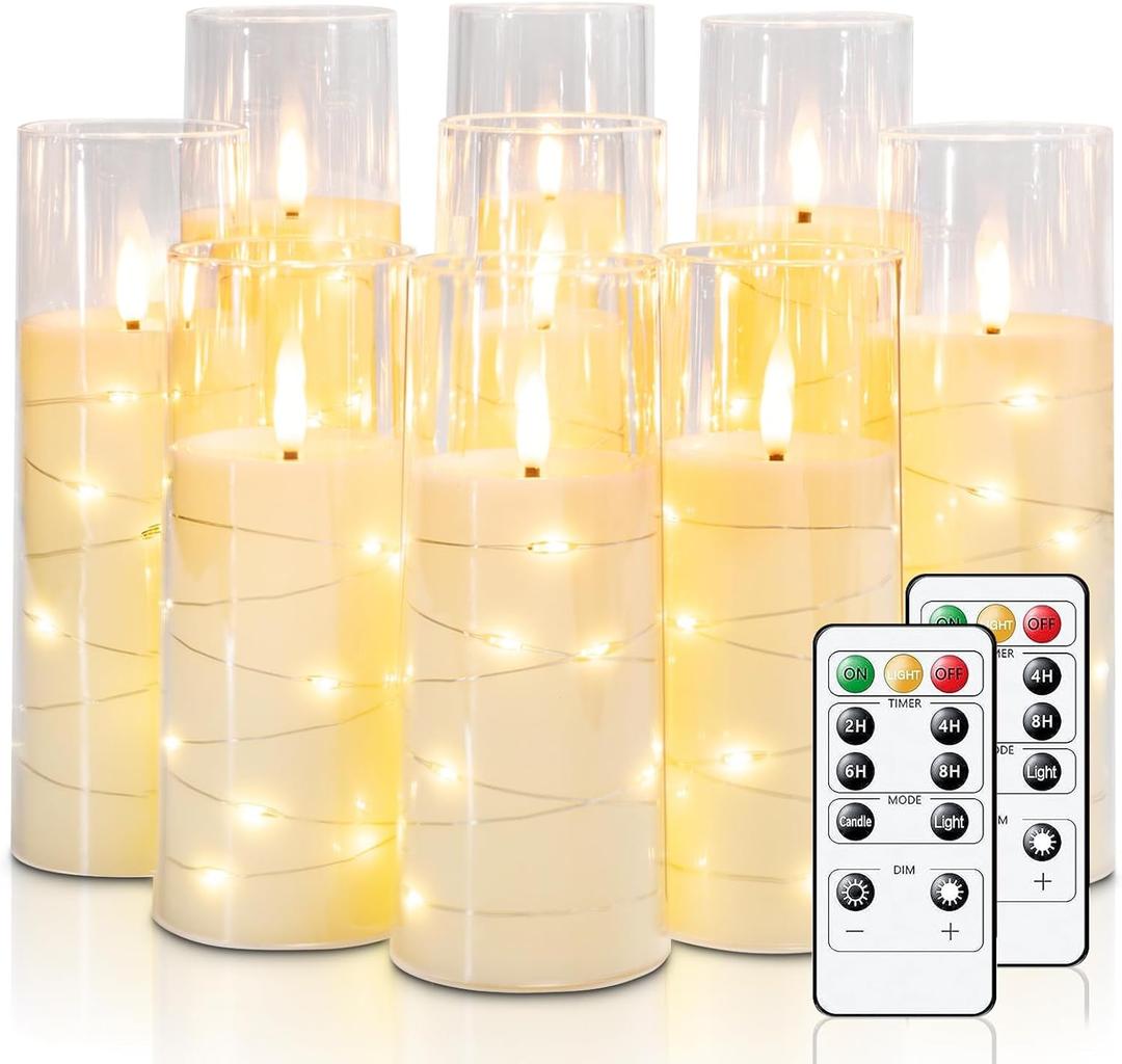 Raycare Flameless Candle with Remote Timer 9 Flickering Acrylic Battery Operated LED Pillar Candles with Embedded Star String for Valentine's Day, Home Decor, and as a Gift (Ivory)