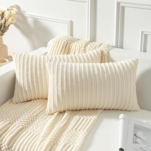 Kevin Textile Set of 2 Oblong Pillow Covers Plush Striped Corduroy Velvet Rectangular Lumbar Throw Pillow Case 12x20 Cushion Cover for Chair, 30 x 50cm, Creamy White
