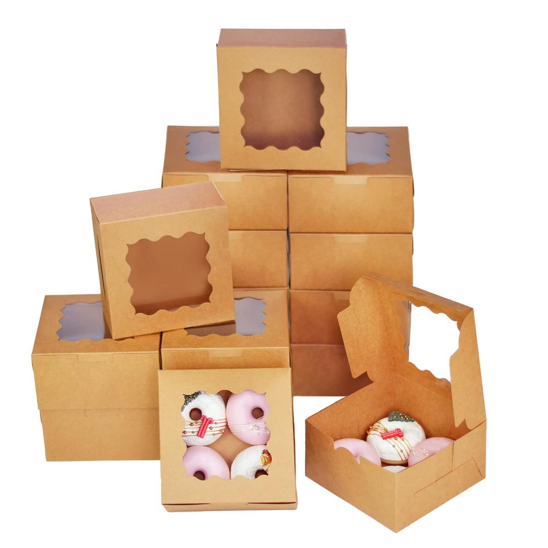 Bakepacker 100pcs Kraft Cookie Boxes 6x6x3 inches Easy Assemble Macaroon Pastry Boxes Bakery Boxes with Window for Bakery (Brown)