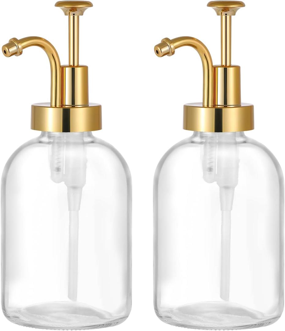 2 Pack Thick Clear Glass Jar Soap Dispenser with Gold Pump, 17oz Clear Boston Round Bottles Dispenser with Rustproof Pump