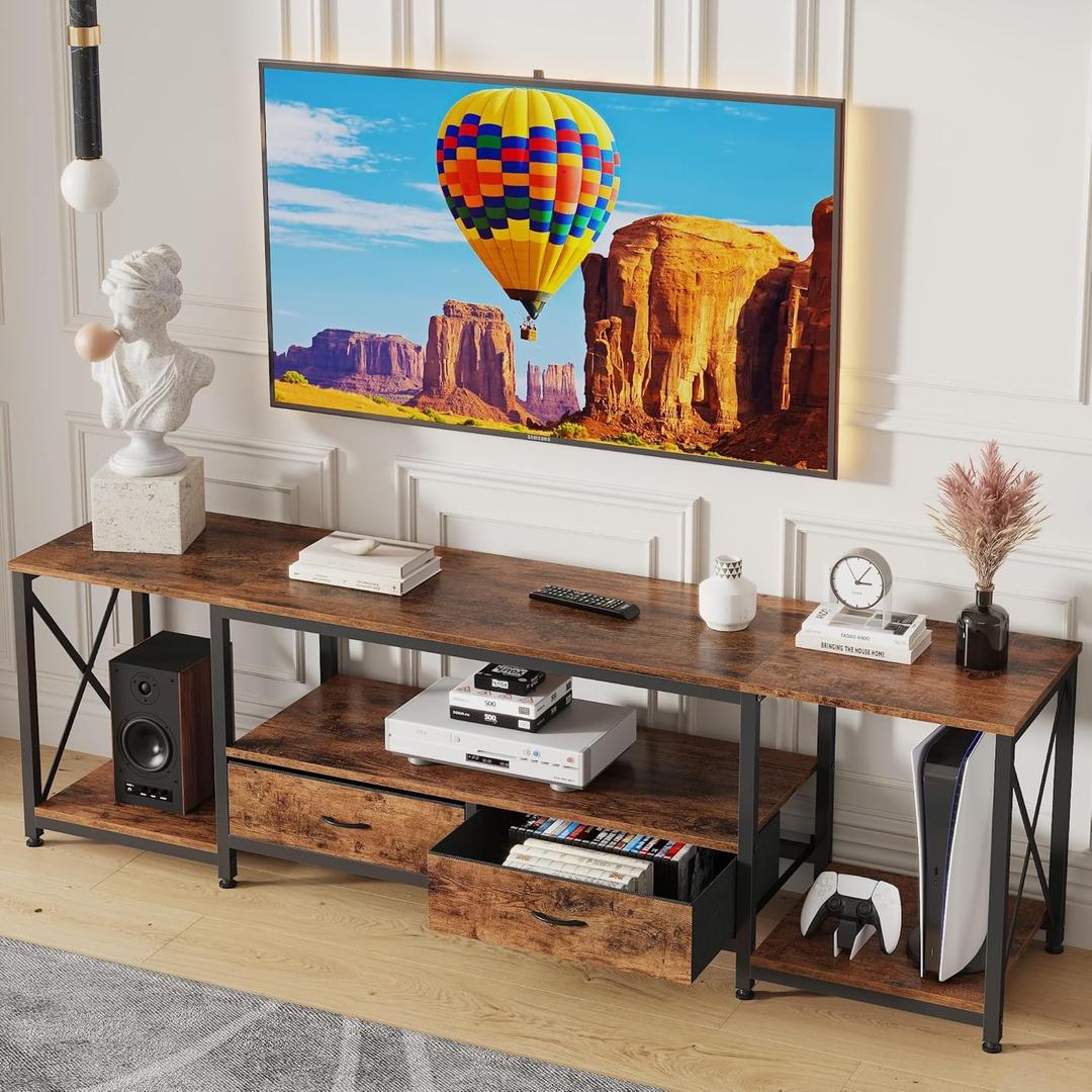 GYIIYUO TV Stand with Fabric Drawer - Entertainment Center and Industrial TV Console Table with Open Storage Shelves for Living Room, Bedroom - 55.1" Rustic Brown