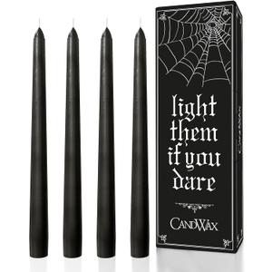 CANDWAX 12 inch Taper Coal Black Candles  Slow Burning Unscented Smokeless Dripless Tapered Candle Set of 4  Perfect for Gothic Parties and Halloween Gatherings (Packaging May Vary)
