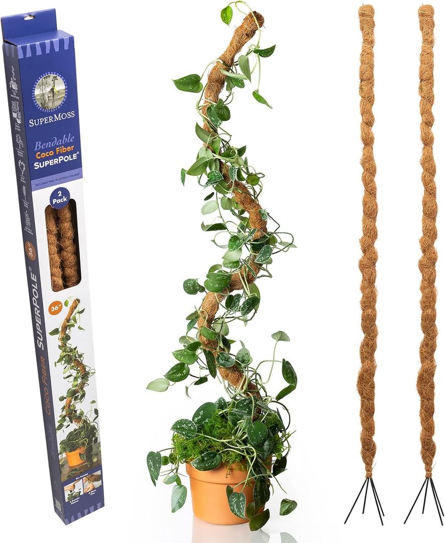 SuperMoss (22065) Bendable Coco Poles, Coconut Coir Plant Stakes Monstera Indoor Climbing Plants Support, 36", Natural, 2pk
