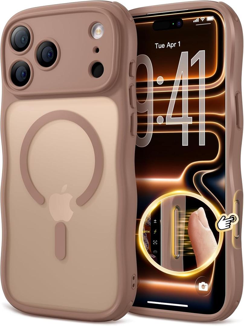 for iPhone 17 Pro Case for Women Girls,Compatible with MagSafe,Camera Control,Full Camera Protection, Cute Wave Magnetic Phone Case for iPhone 17 Pro,Brown