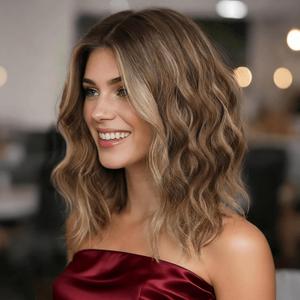 Ombre Light Brown With Blonde Short Wavy Wig for Women Lace Hairline Bob Style Synthetic Heat Resistant - Natural Appearance for Everyday Hairstyle 14 Inch