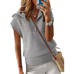 Dokotoo Women's Casual Sleeveless Half Zip Pullover Sweaters Solid V Neck Collar Ribbed Knitted Loose Sweaters, 2XL