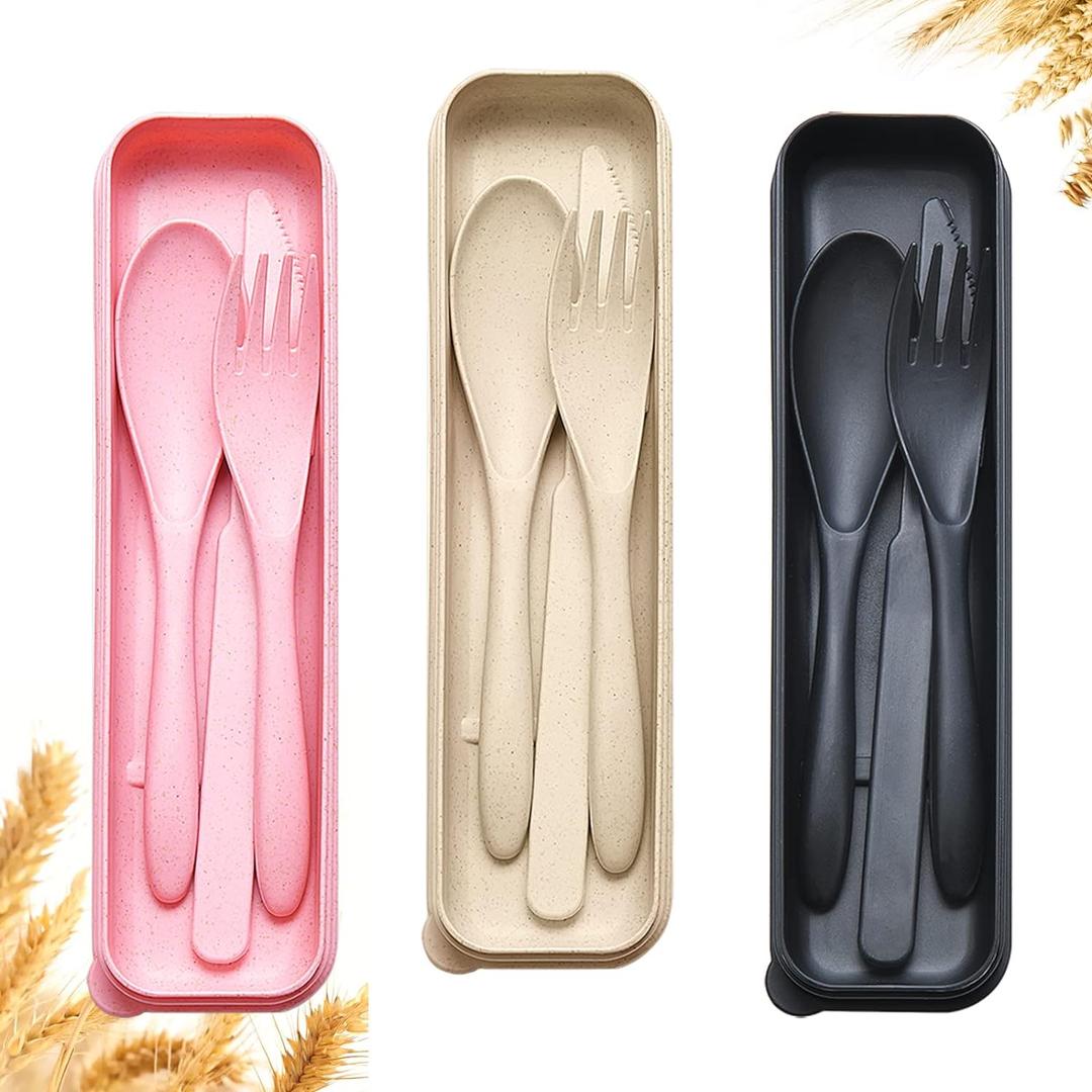 Reusable Travel Utensils Set with Case, 3 Sets Wheat Straw Portable Knife Fork Spoons Cutlery, Eco-Friendly BPA Free Plastic Tableware for Kids Adults Travel Picnic Camping Utensils (3 Sets - Beige, Pink, Black)