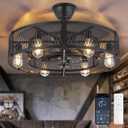 Depuley Outdoor Ceiling Fan with Light: 26" Caged Ceiling Fans with Remote App Control for Patio Kitchen Bedroom - Farmhouse Fandelier Flush Mount Lights Fixture Reversible 6 Speed Timer Black