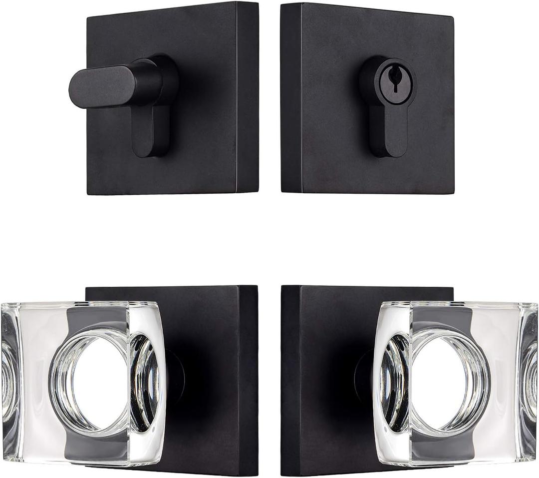 coolnews Crystal Glass Door Locks with Deadbolts, Entry Door Knob and Deadbolt Lock Set, Matte Black (Deabolt)