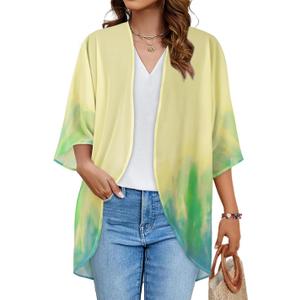 Women's Floral Print Puff Sleeve Kimono Cardigan Loose Cover Up Casual Blouse Tops (X-Large, Yellow Green Tie-dye)