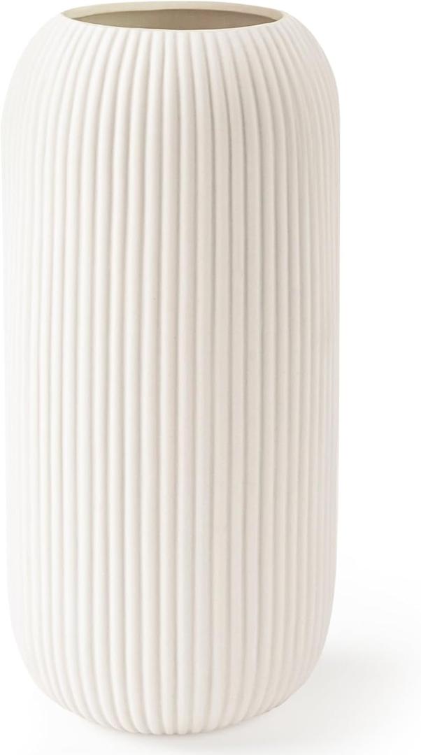 Ceramic Vase for Flowers  Modern Small Ribbed Textured Flower Vase for Home Decor, Pampas Grass, Decorative, Farmhouse, Coffee Table, Kitchen Centerpieces, Bookshelf and Home Living (White)
